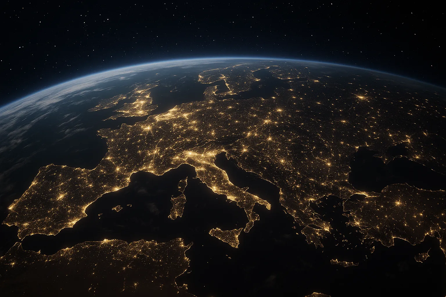 Dette billede illustrerer Jorden (Earth) med fokus på Europa (Europa) og EU. Billedet viser Jorden set fra rummet med Europa tydeligt markeret for en artikel om kontinentet og dets politiske område.