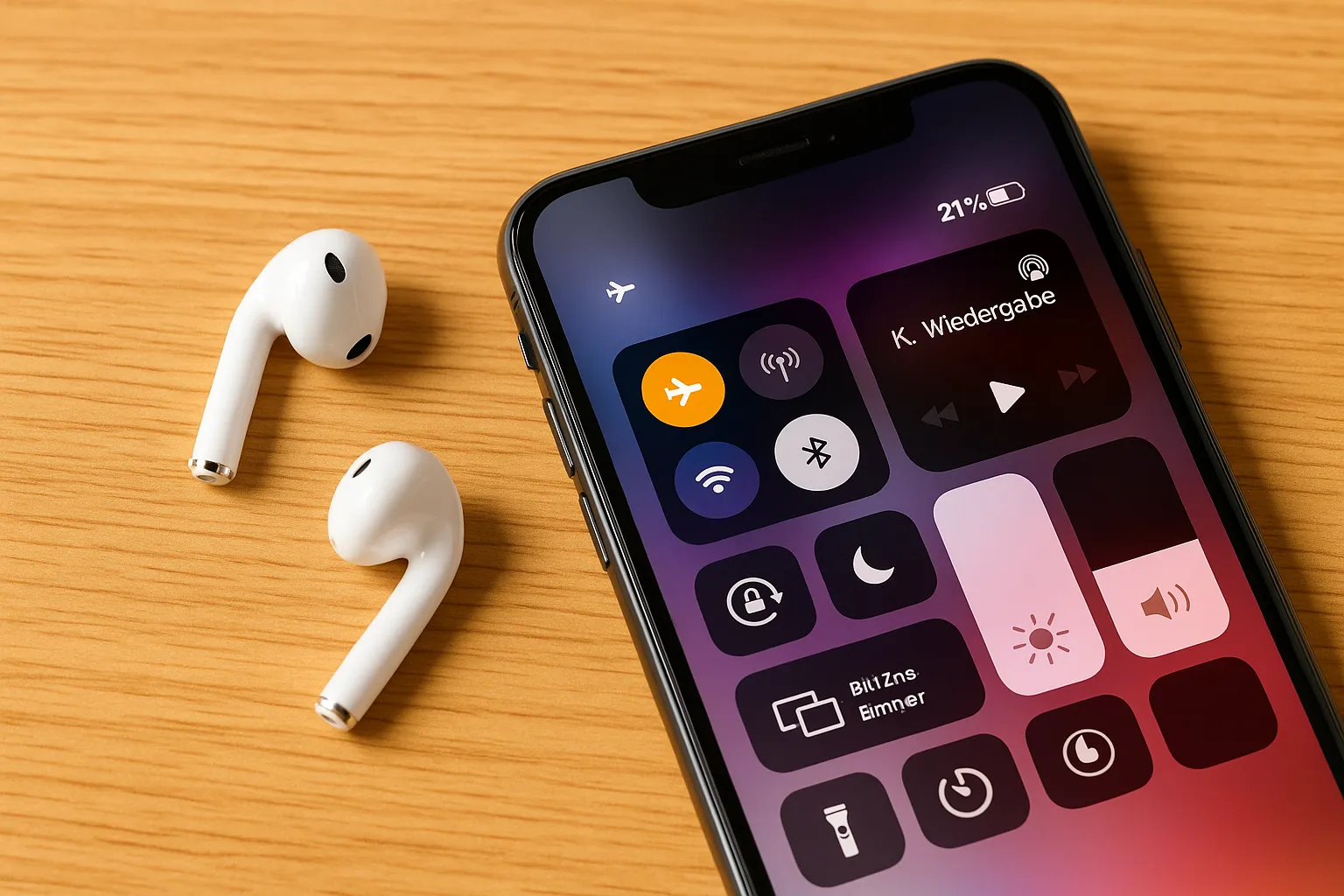 Et nærbillede af en smartphone med flytilstand-ikonet synligt på skærmen. Alle trådløse forbindelser er slået fra (mobilnetværk, WiFi og Bluetooth). Dette gør billedet relevant for artiklen om Flytilstand.