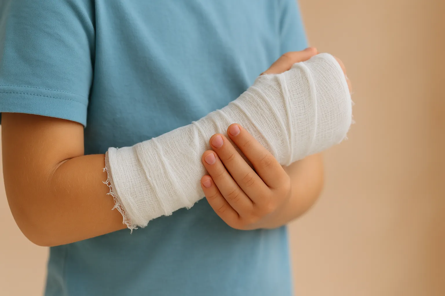 En arm i fokus viser en fraktur (brækket arm) i en medicinsk kontekst. Beskrivelsen nævner relevante termer som fraktur, fracture, brækket og broken i relation til armen.