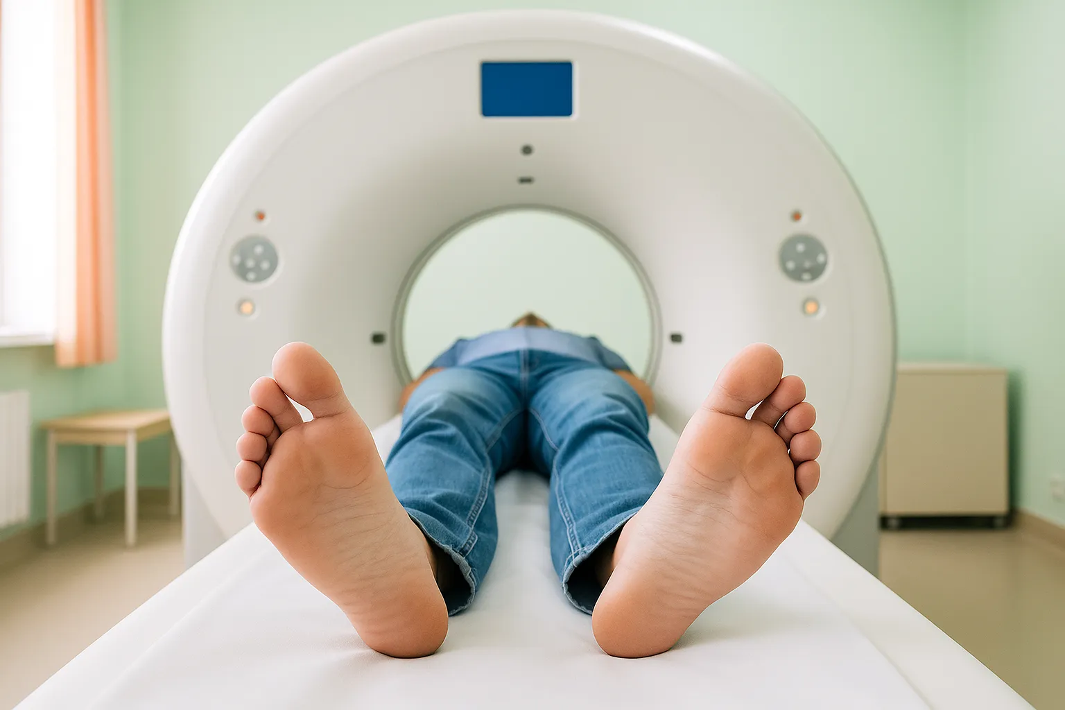 En MR-scanner står i et hospitalrum. Maskinen har en tunnelåbning, og et patientundersøgelsesbord står klar til scanning. Billedet viser en MRI-scanner og et klinisk miljø omkring medicinsk billeddannelse.