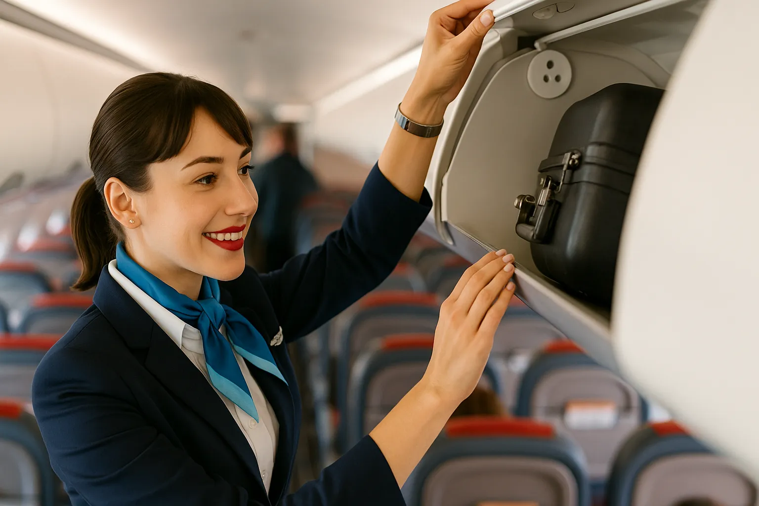 En Stewardesse i uniform står foran et fly eller i en lufthavn og hilser passagerer; billedet illustrerer service og sikkerhed i luften. Søgeord: Stewardesse.