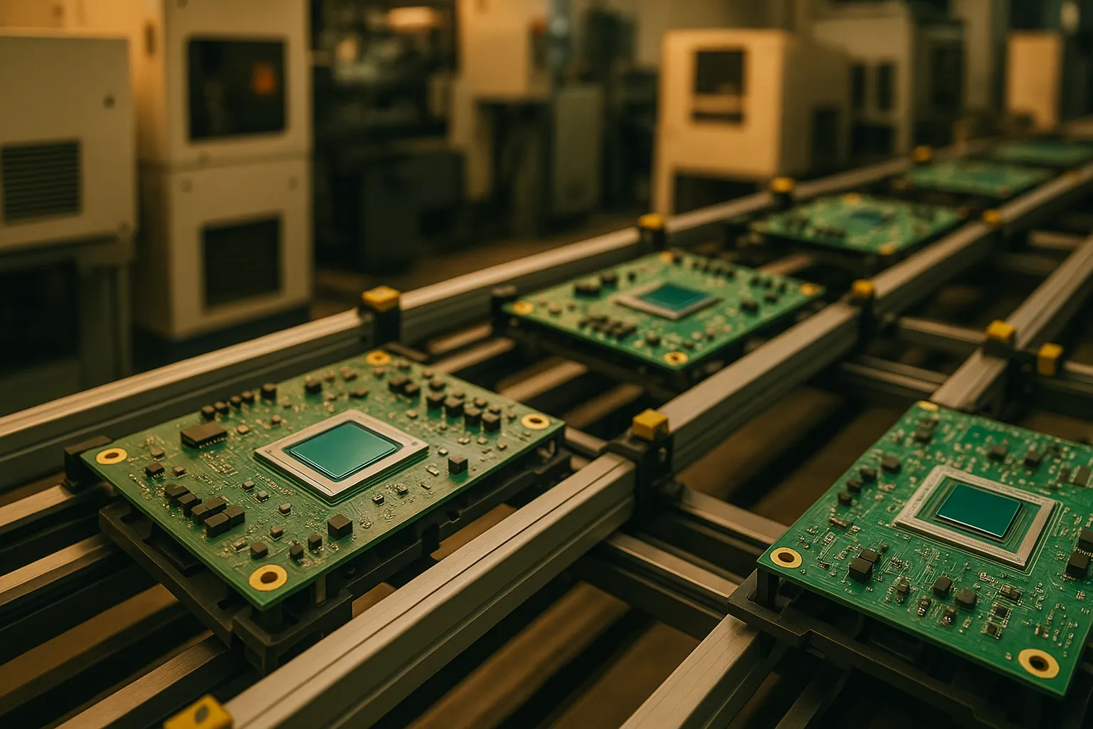 Et billede af en moderne AI-chip fabrik med automatiserede robotarme og rørføringer i drift, der fremstiller halvledere til teknologi som kunstig intelligens. Fokus på høj teknologi og præcis produktion, hvilket gør ordet Chip særligt relevant for artiklen.