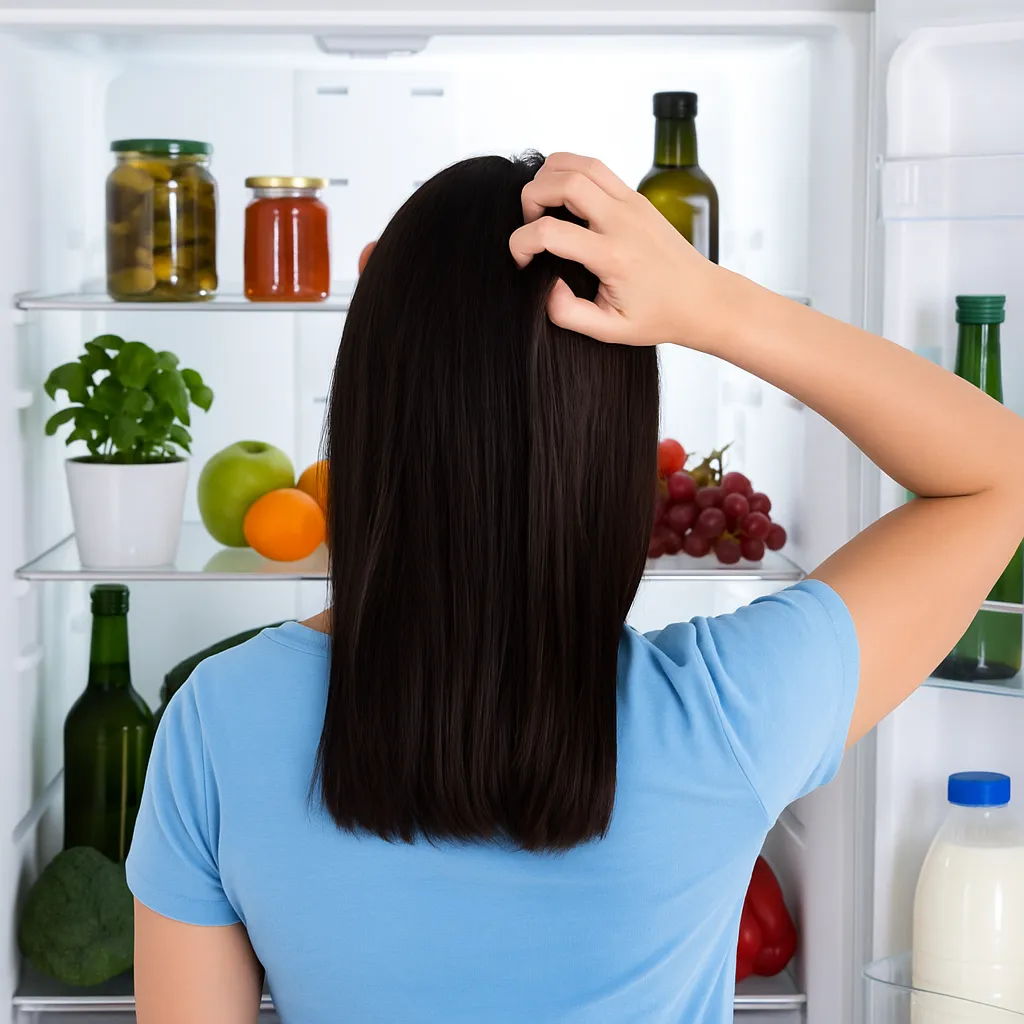 En forvirret kvinde står foran et køleskab og kigger ind i det med et forvirret udtryk. Beskrivelsen fremhæver en kvinde ved et køleskab og egner sig til en artikel om forvirring omkring mad og daglige indkøb.