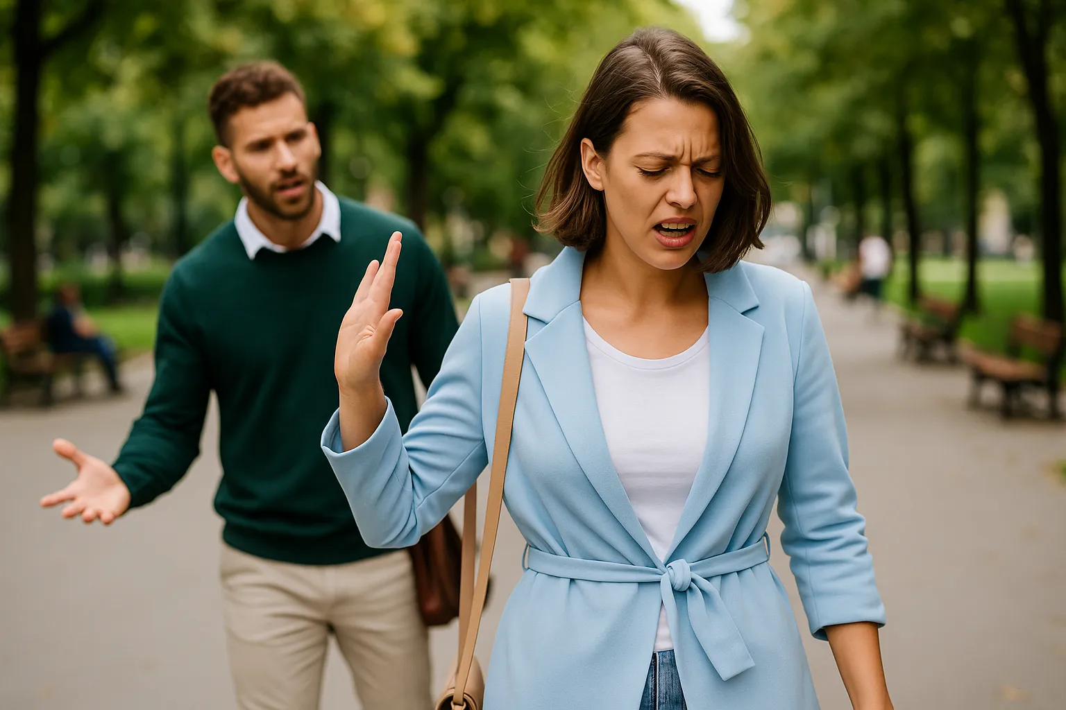 To personer står i et hjemligt rum og er i gang med et par skænderi; ansigterne er anspændte, den ene hånd peger frem, og stemningen er konfliktfyldt.