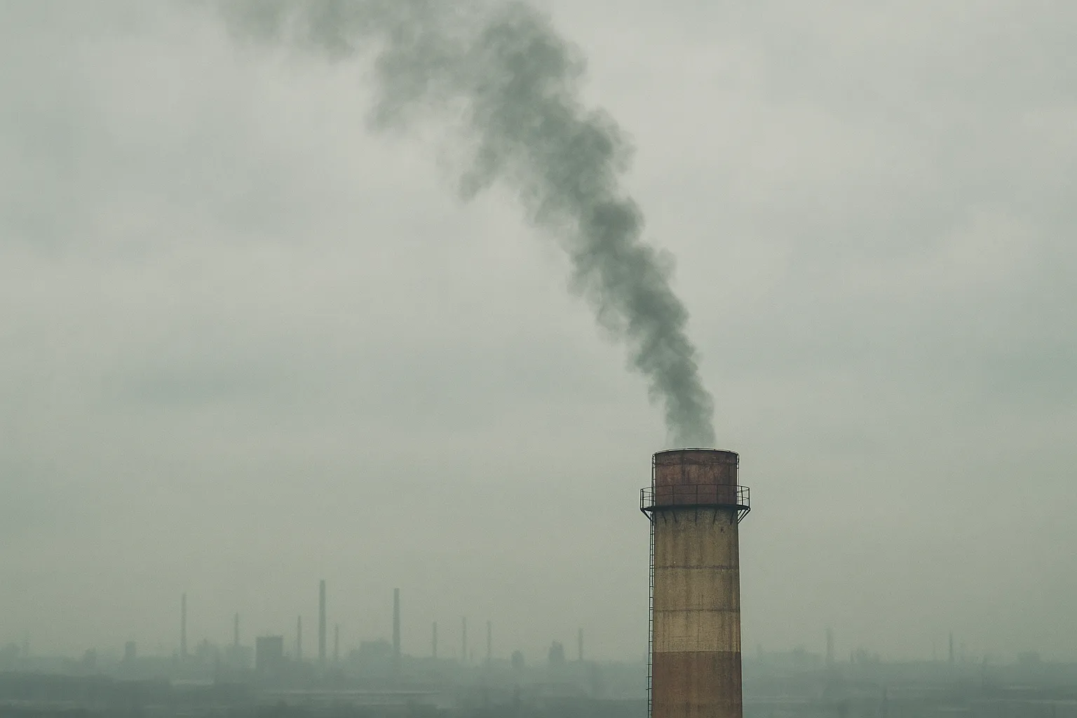 Dansk beskrivelse: Et billede der illustrerer klima og udslip (Klima, udslip). Temaet er klima og emissioner, typisk visualiseret gennem symboler for drivhusgasser og CO2-udslip i en by- eller industri-sammenhæng.