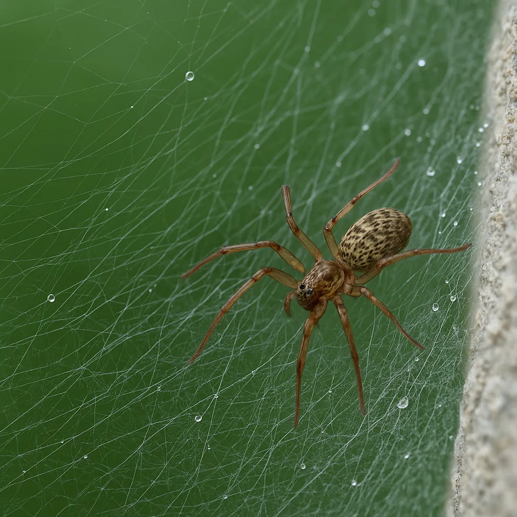 Stor husspinder (Tegenaria domestica) på et spindelnet, indendørs.