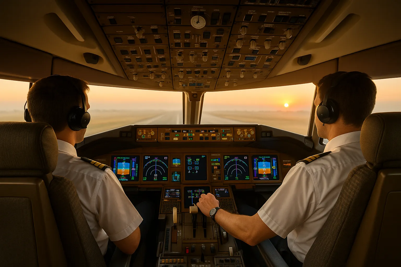 En pilot arbejder i cockpittet og betjener flyets instrumenter.