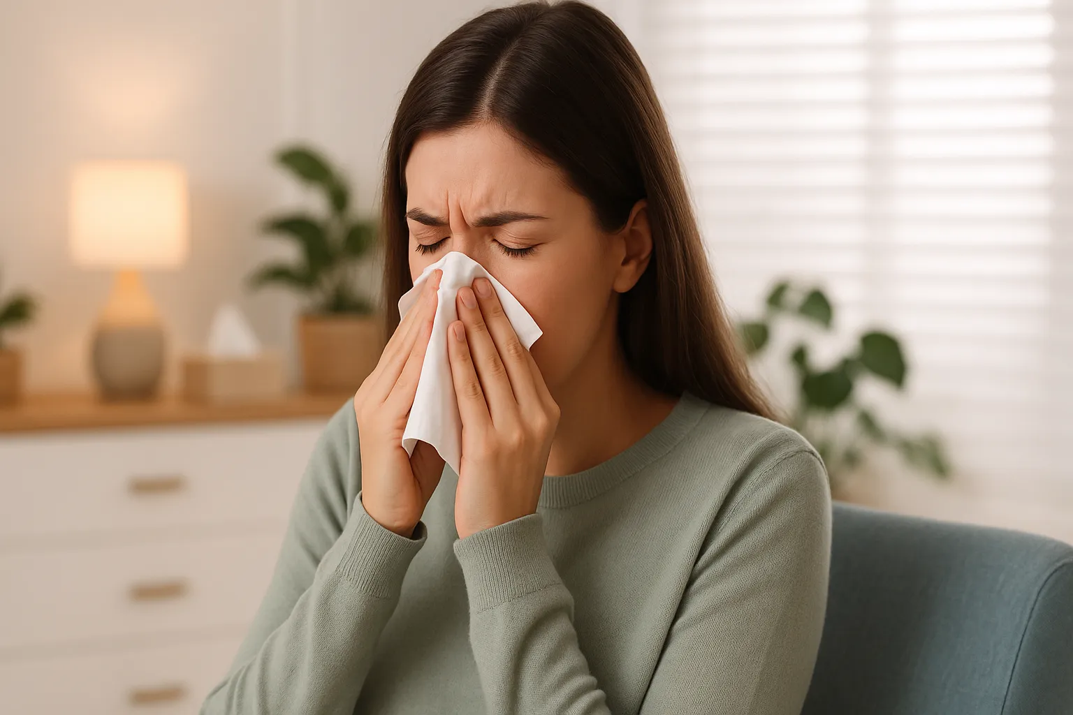 Rennende næse og forkølelse: En person ser syg ud og har symptomer som rennende næse. Søgeordet 'Forkølelse' er relevant for artiklen.