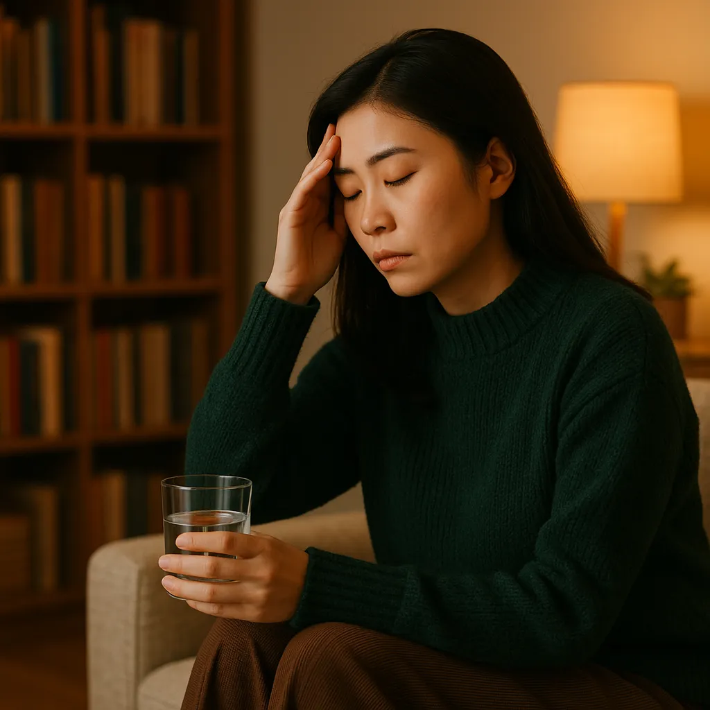 En kvinde oplever hovedpine og holder panden med hånden; ansigtet viser smerte og ubehag. Billedet fremhæver kvinde og hovedpine som centrale elementer i artiklen.