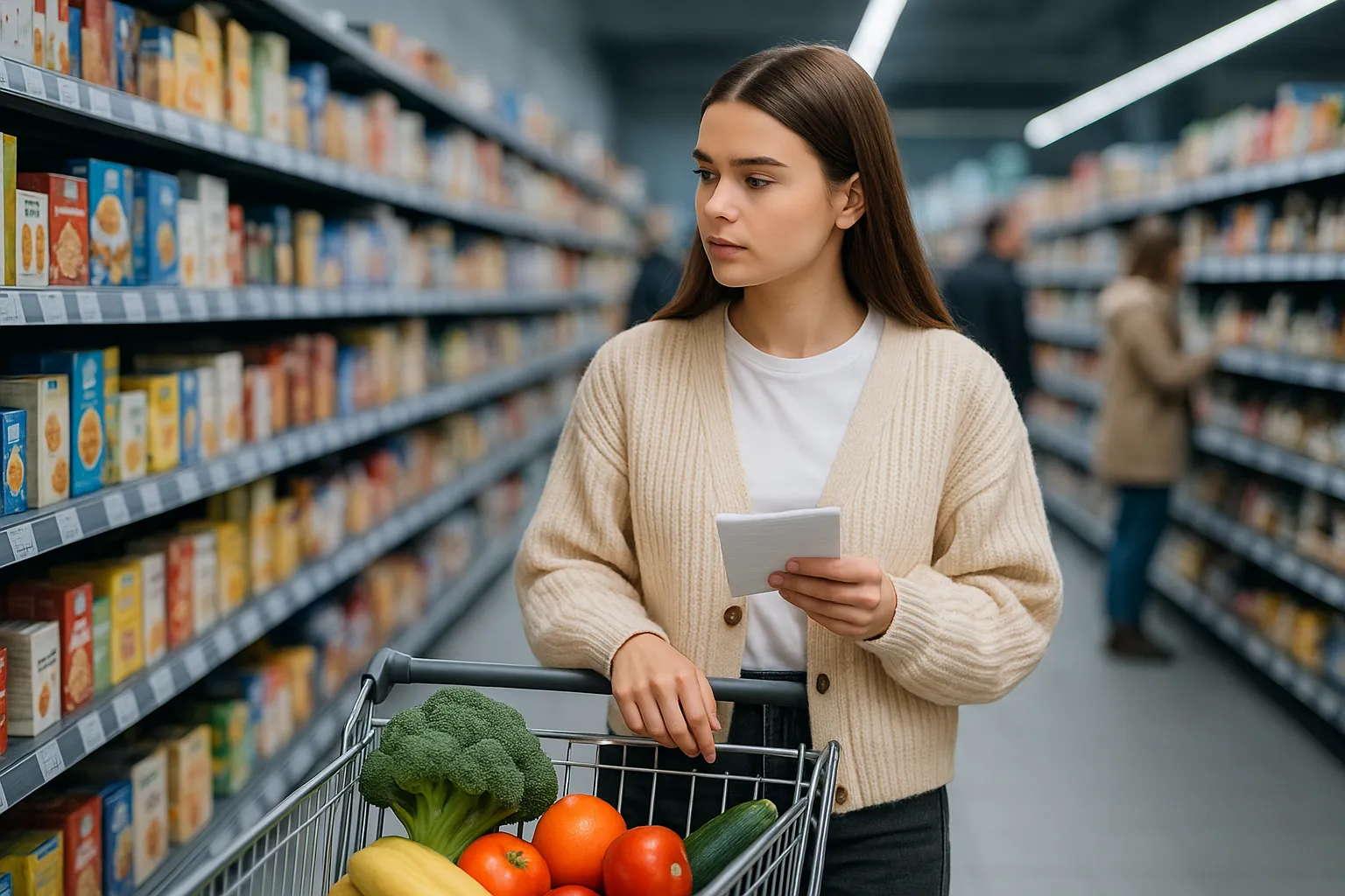 Et billede af dagligvarer i en indkøbsbutik med fyldte hylder af frugt, grøntsager, mejeriprodukter og andre produkter. Perspektivet illustrerer indkøb og shopping af dagligvarer.