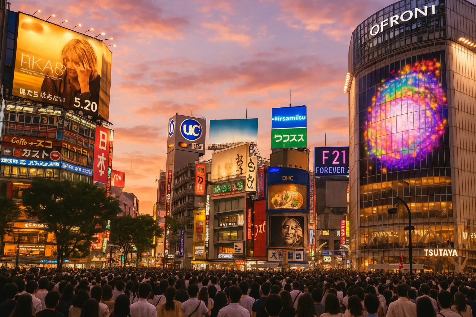 Billedbeskrivelse: Shibuya om natten i Tokyo, Japan. En pulserende byscene præget af neonskilte og menneskemængder, der krydser gaden ved Shibuya-krydset, med højhuse og byens lys i baggrunden. Søgeord: Shibuya.