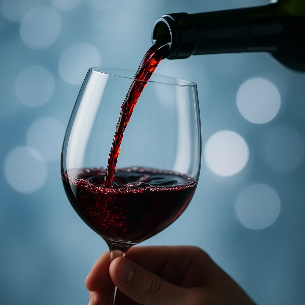 Et glas rødvin står på et lyst bord i en rolig, sofistikeret setting. Beskrivelsen refererer til rødvin (Red wine, rödvin, rödvin) og inkluderer søgeordet 'Rødvin' som relevant for artiklen.