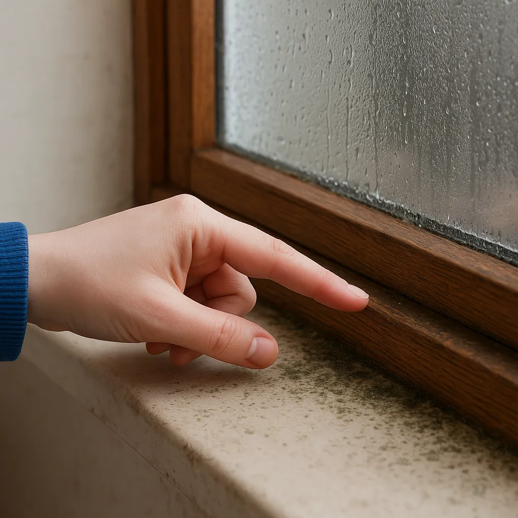 En bolig med tydelig skimmelsvamp, synlig fugt og kondens på vægge og vinduer. Beskrivelsen fremhæver Skimmelsvamp og de fugtrelaterede problemer i hjemmet.