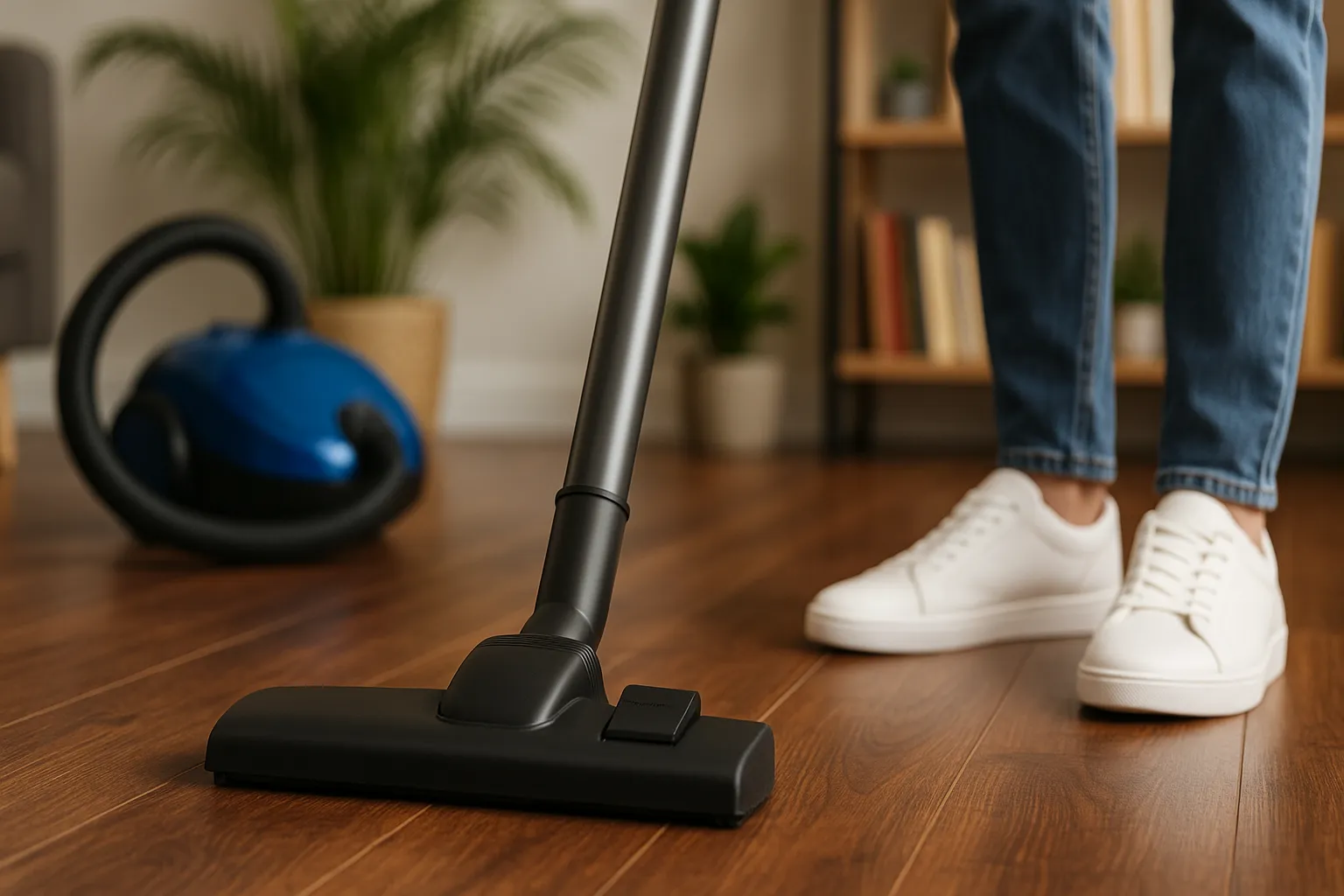 Et billede af en støvsuger og en duster klar til rengøring i et lyst rum. Fokus ligger på støvsugerens funktion som en vacuum cleaner og på redskabet duster, der bruges til at fjerne støv.