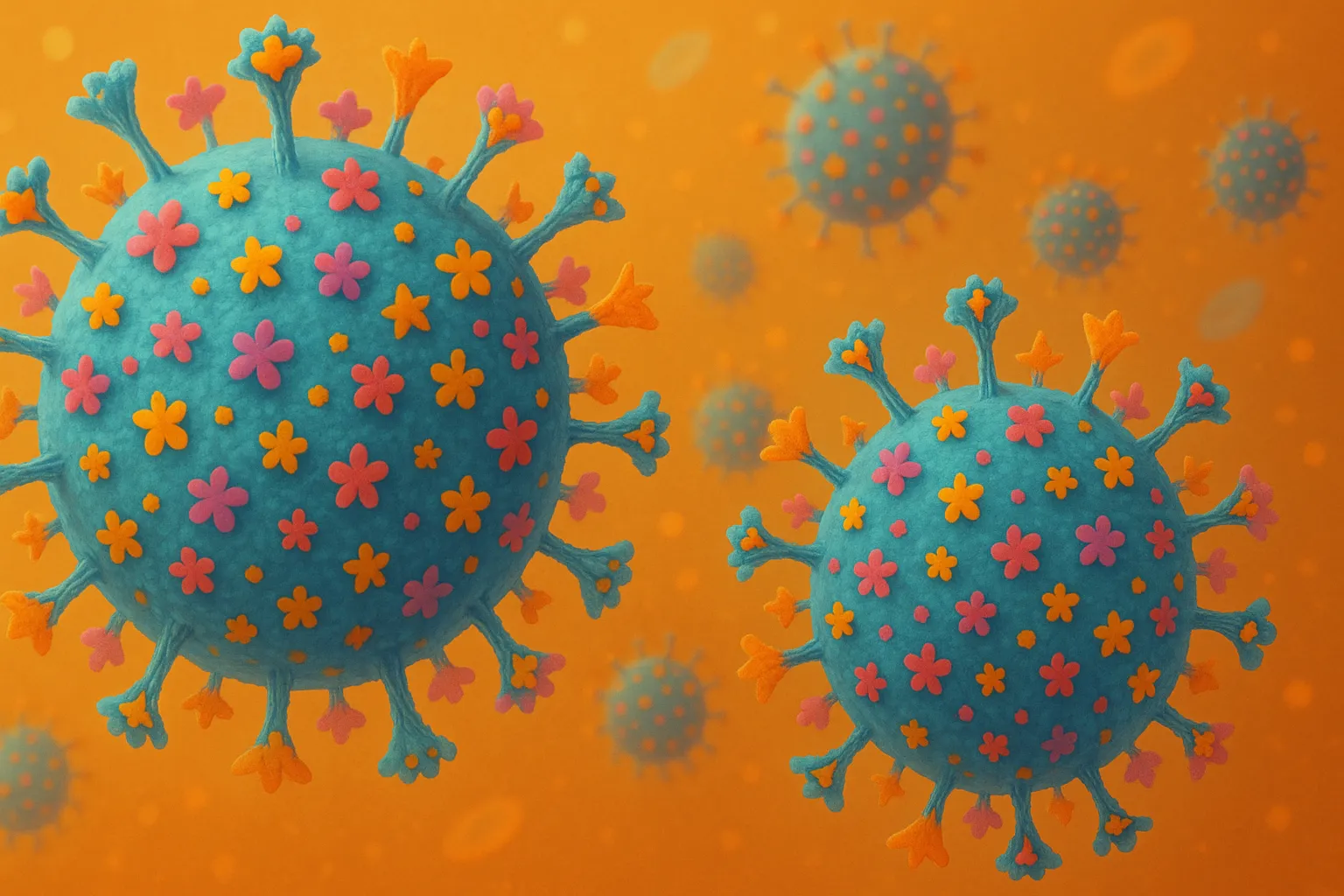 Illustration af virus og bakterier forårsager bakteriesygdom. Farverige mikroskopiske organismer viser interaktion mellem vira og bakterier og deres rolle i infektioner. Nøgleord: virus, bakterieinfektion, bakterie, sygdom.