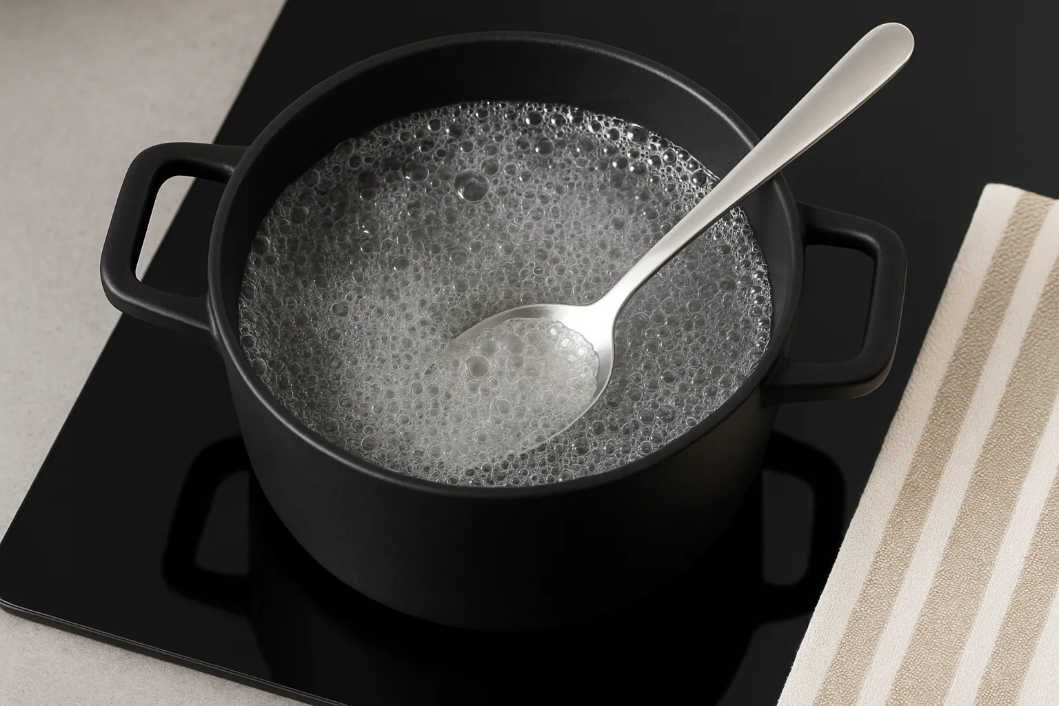 Et tæt billede af en træske, der ligger ved siden af en gryde i et køkken. Billedet fremhæver træets varme nuancer og tekstur, hvilket gør det relevant som illustration af køkkenredskaber.