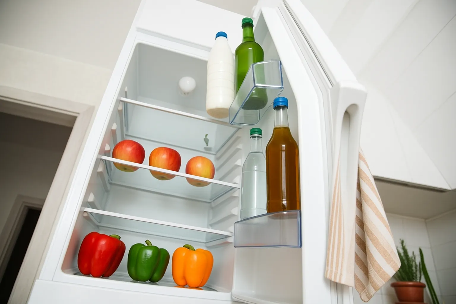 Et billede af en fryser i et køkken: en hvid, fritstående fryser med åben låge, synlige fryseposer og frosne varer.