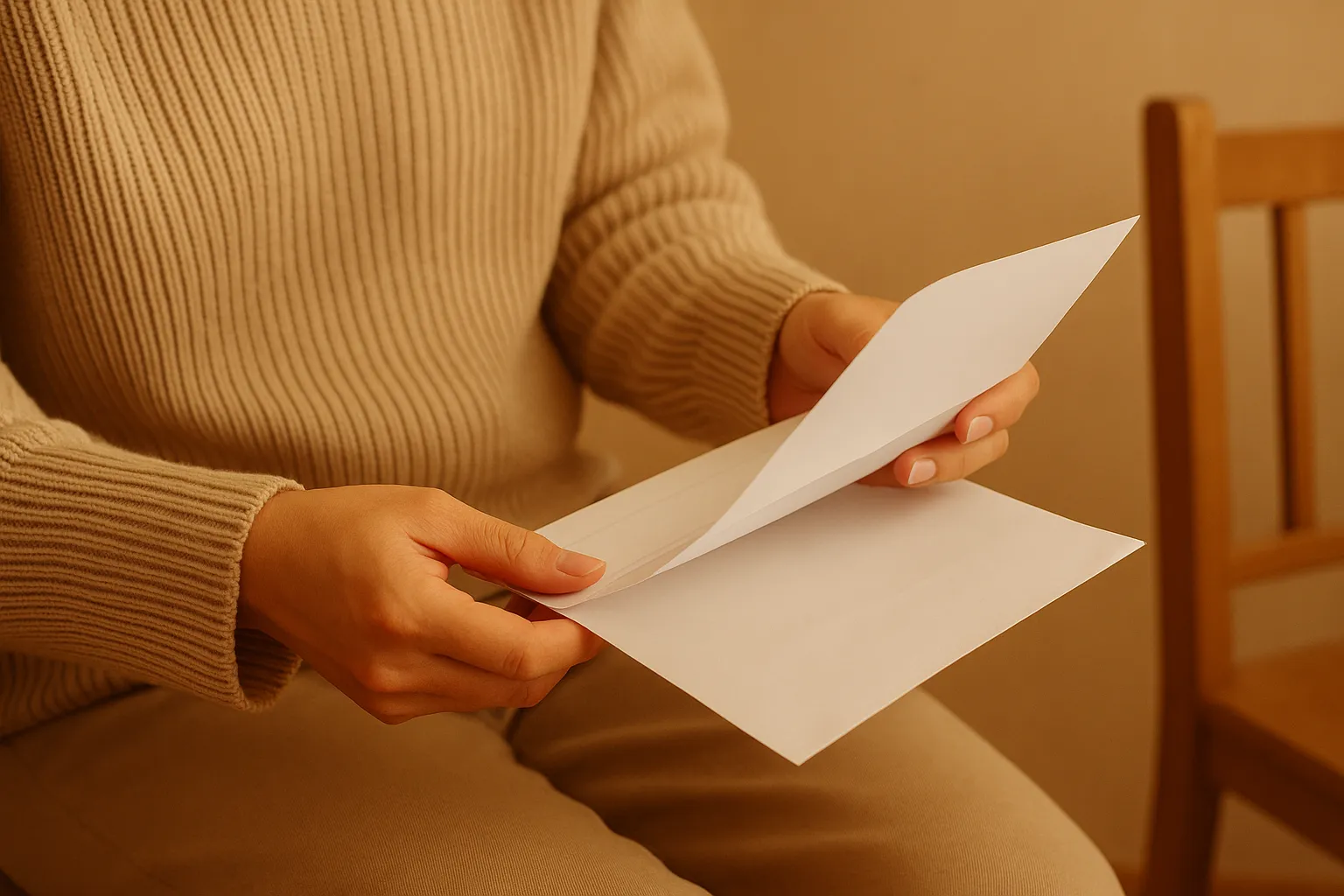 Kvinde læser et brev; hun sidder ved et bord og studerer et åbnet brev med koncentration.