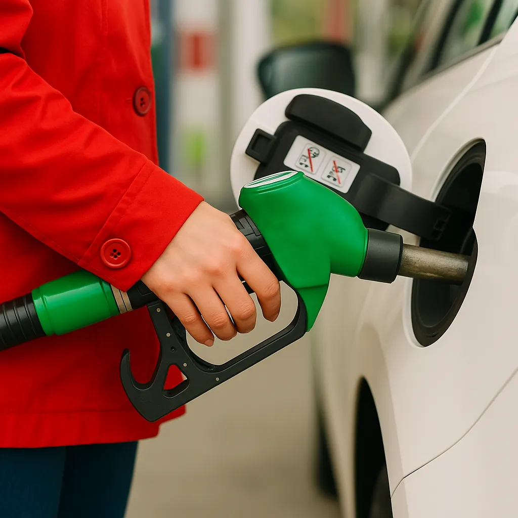 Et nærbillede af en benzinpumpe ved en tankstation. Fokus på selve pumpen og læsningen ved pumpen, med særlig vægt på ordet benzin, hvilket gør billedet relevant for en artikel om benzin og brændstoffer.