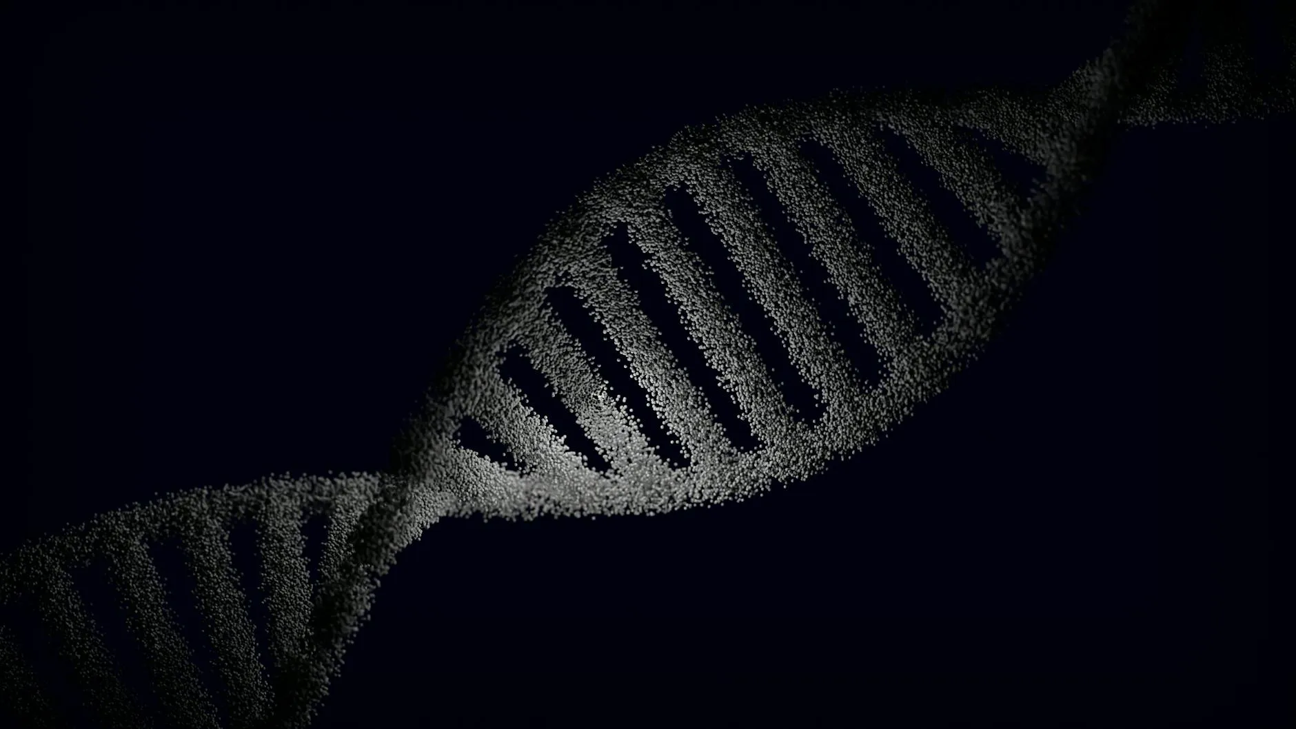 A stylized depiction of a DNA strand with glowing particle effects against a dark background.