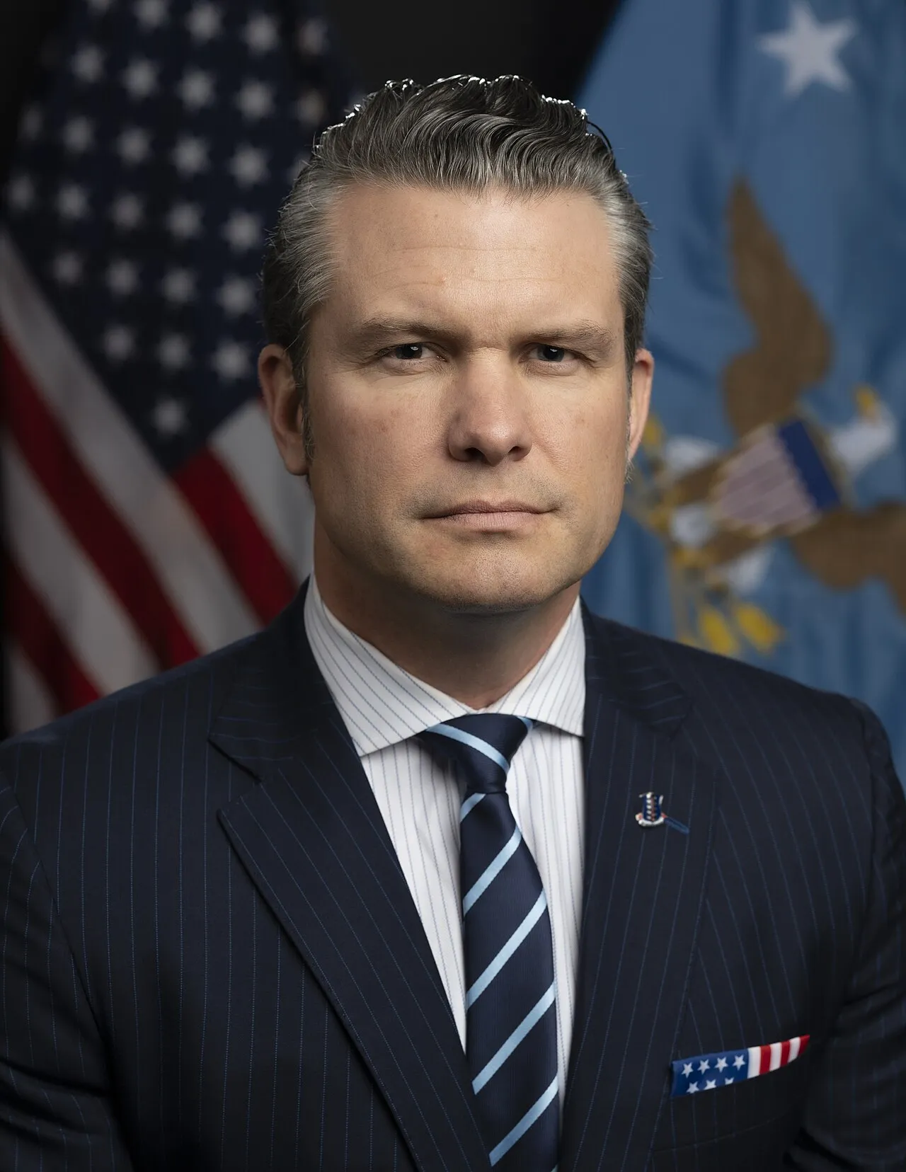 Formal portrait of Pete Hegseth, the 29th Secretary of Defense, in a professional setting.