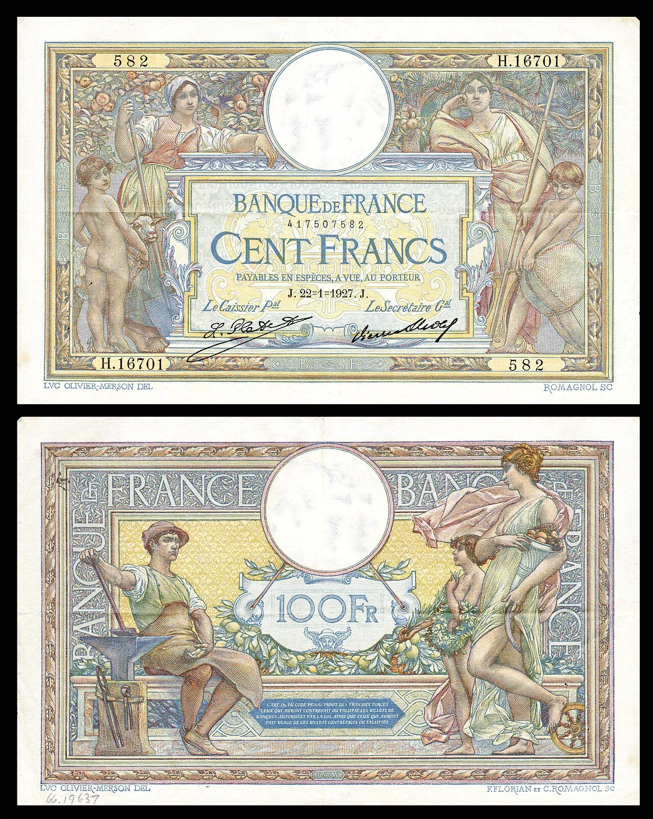 En 100 francs-seddel fra Banque de France, udgave fra 1923-1927 (1927-issue). Billedet viser seddelens motiv og tekst.