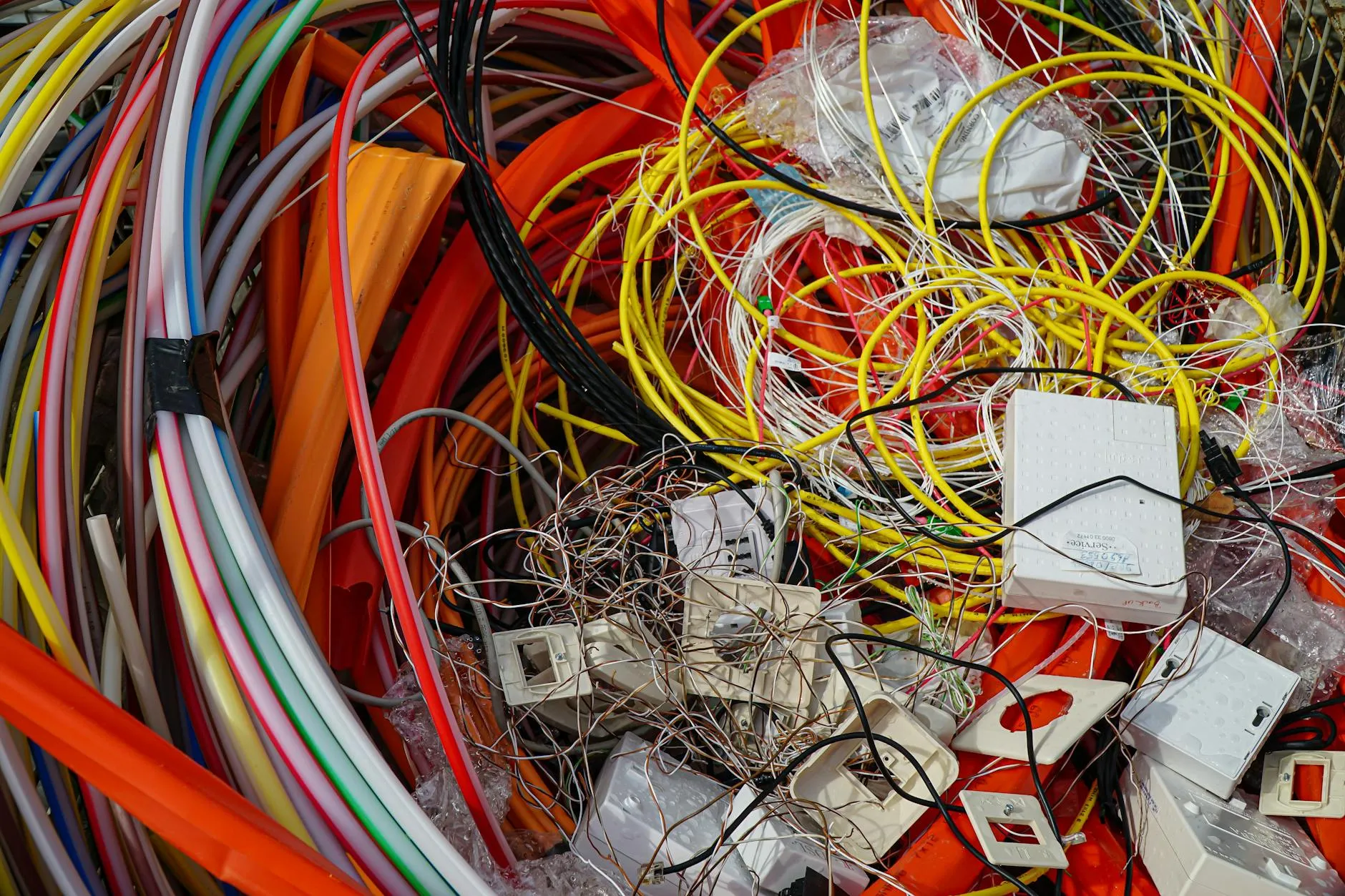 Et farverigt udvalg af elektriske kabler og affald ligger klar til sortering og genanvendelse. Billedet illustrerer genbrugsprocessen og værdien af at sortere materialer korrekt.