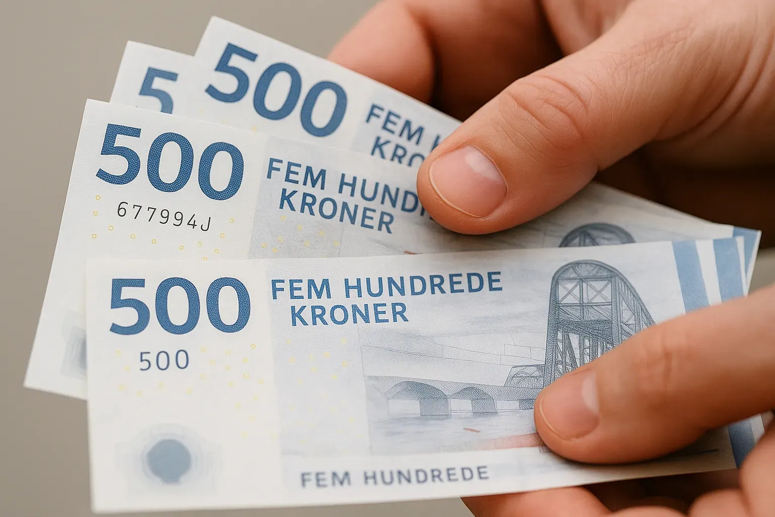 Et billede af Danske penge: sedler og mønter i forskellige værdier ligger på et lyst bord. Velegnet til en artikel om den danske økonomi eller pengepolitik.