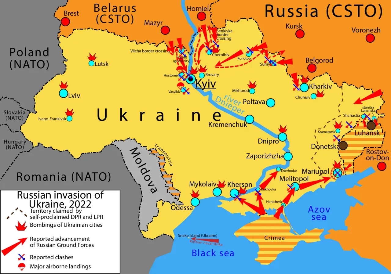 En visuel fremstilling af den fuldskala russiske invasion af Ukraine, som blev indledt 24. februar 2022. Billedet bruges som kontekstmarkør for den igangværende krig.