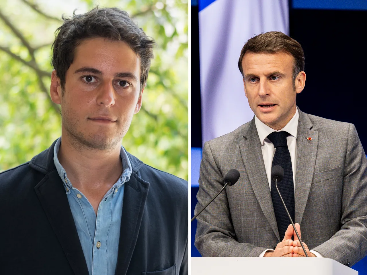 Montagebillede af Gabriel Attal og Emmanuel Macron. Billedet bruges til at illustrere relationen mellem de to franske politikere.