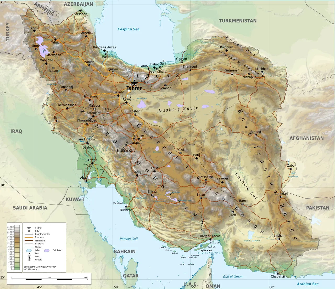 Geografisk kort over Iran, der viser landets grænser og overordnede placering. Kortet giver et hurtigt overblik over landets udstrækning.