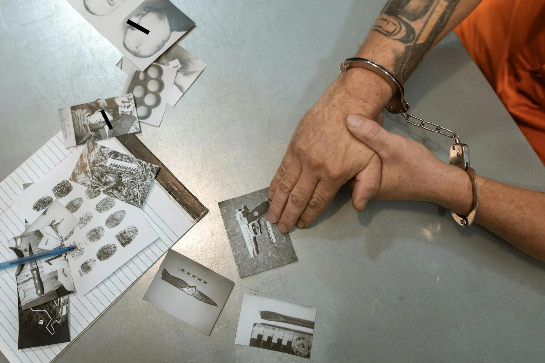 En person i håndjern gennemgår bevismateriale med fotos og dokumenter i forbindelse med en politimæssig efterforskning. Scenen formidler efterforskning og retssikkerhed.
