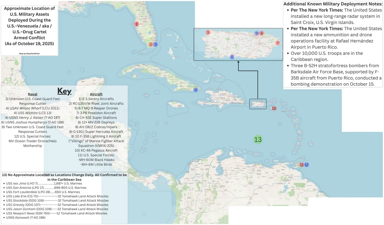 Kort der viser omtrentlige placeringer af amerikanske militærudsendelser under 2025 United States–Caribbean drug cartels conflict. Opdateringen er angivet som værende pr. 19. oktober 2025.
