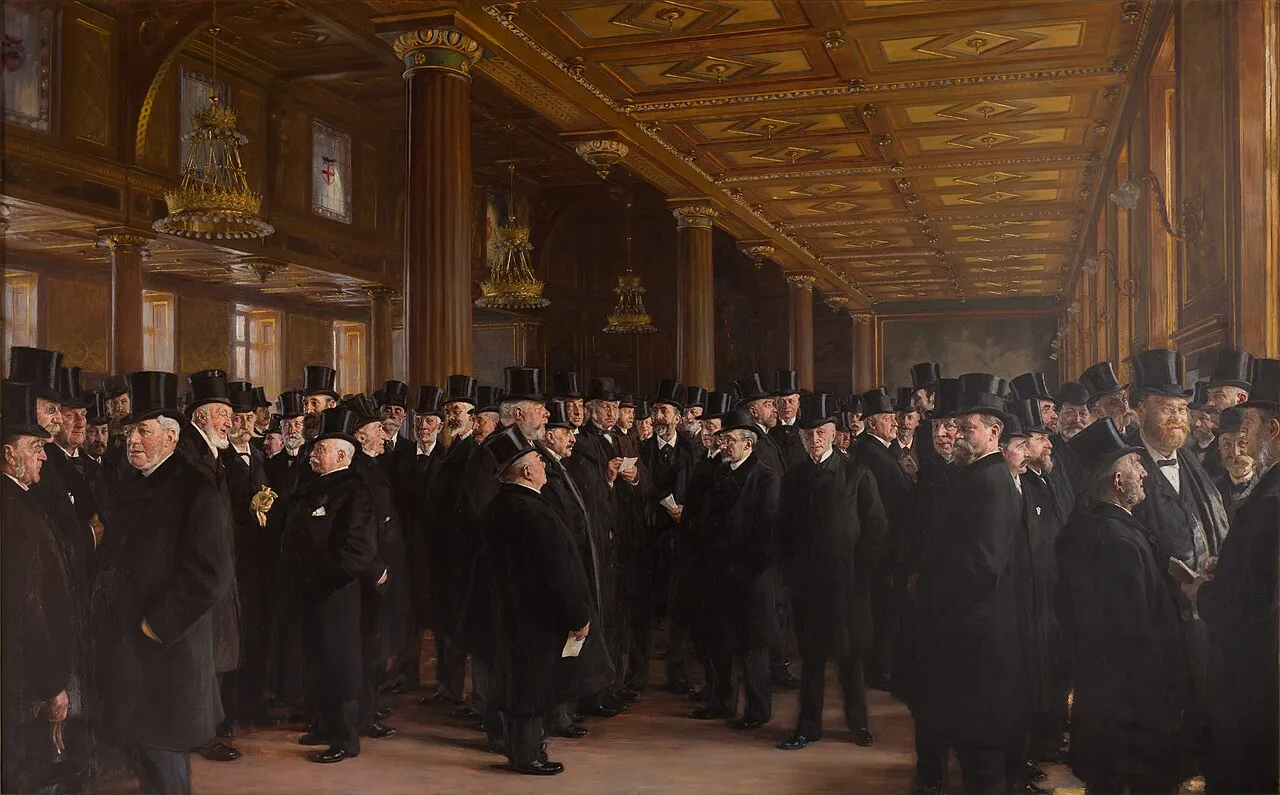 Et gruppeportræt fra 1895, kendt som “Fra Københavns Børs”, malet af P.S. Krøyer. Motivet skildrer en forsamling i et borgerligt miljø.