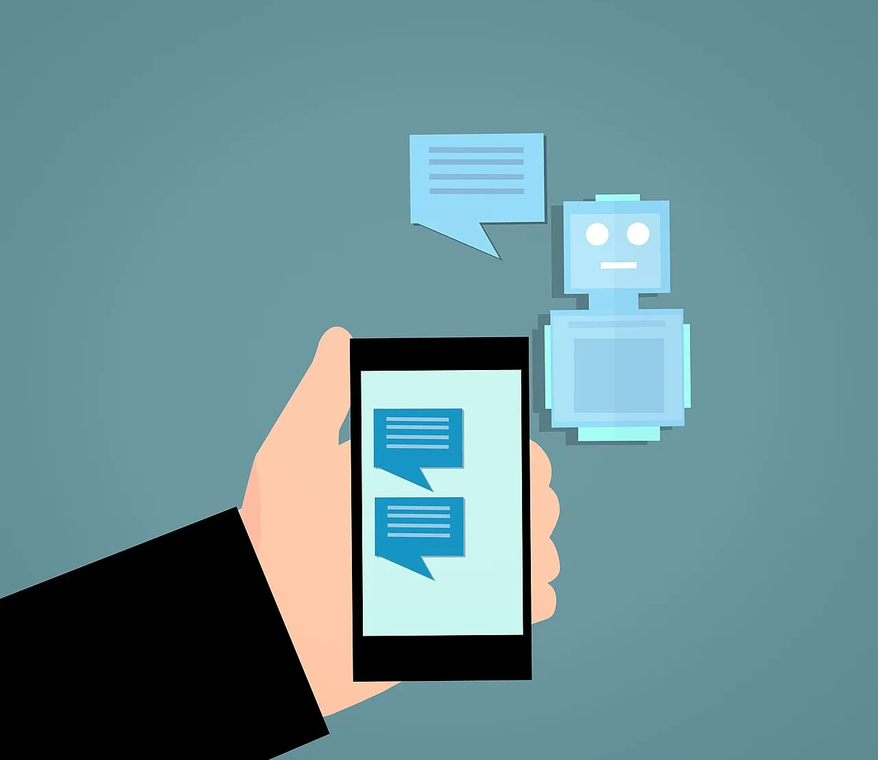En person taler med og lytter til en virtuel assistent. Billedet visualiserer interaktion med AI i en digital hverdag.