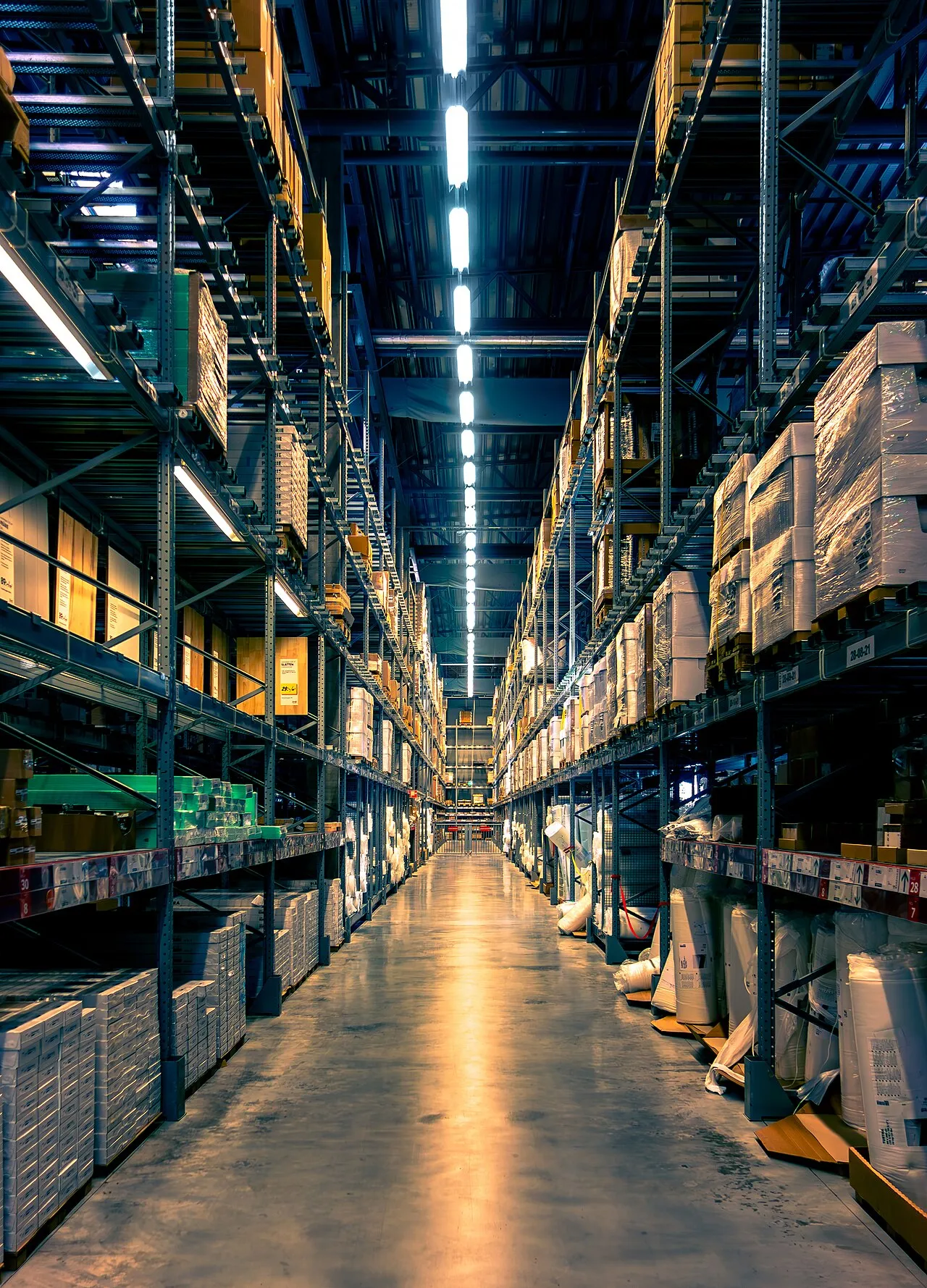 En selvbetjeningsgang i IKEA Torp i Uddevalla med hylder og palleopstillinger. Fotoet er redigeret i en filmisk stil.