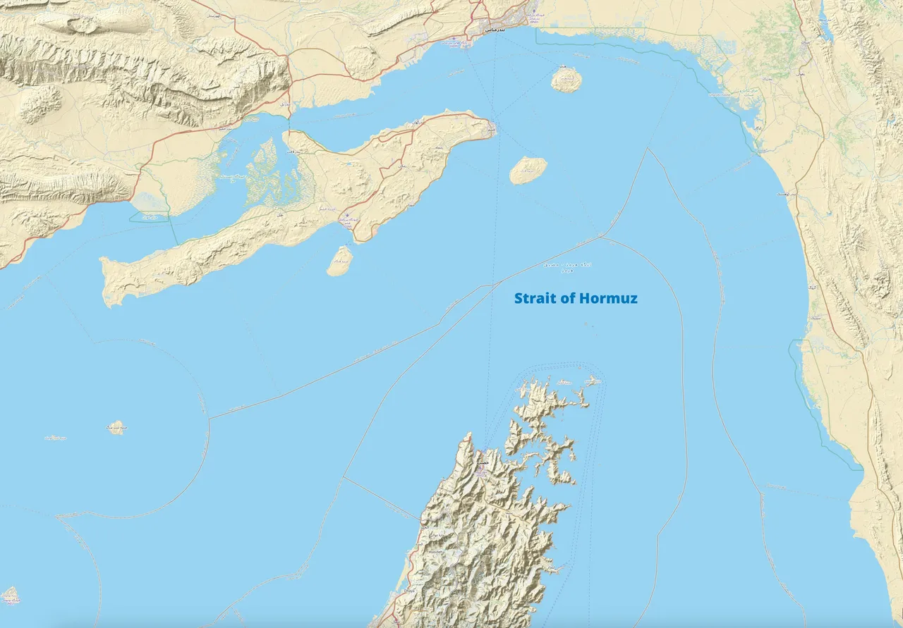 Topografisk kort over Strædet Hormuz med geografiske detaljer. Kortet viser området omkring ind- og udsejling til Den Persiske Golf.