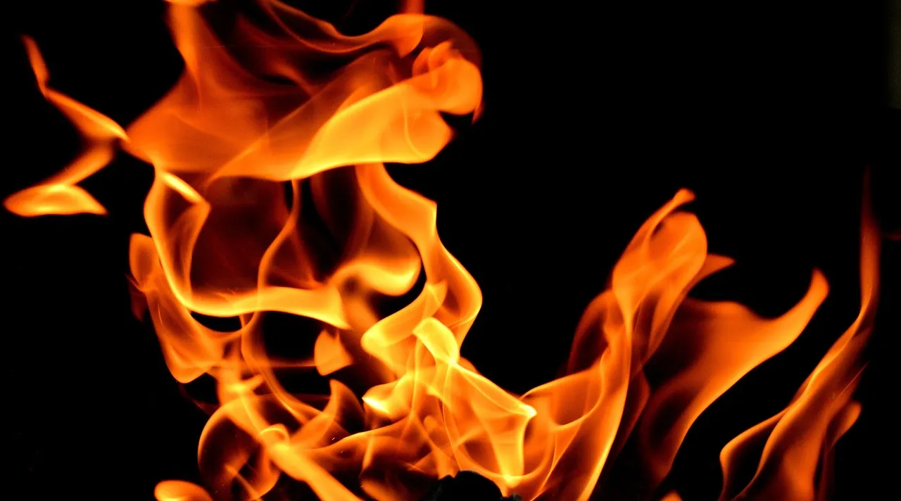 Et billede af en åben ild, med flammer og gløder, der udstråler varme og lys.