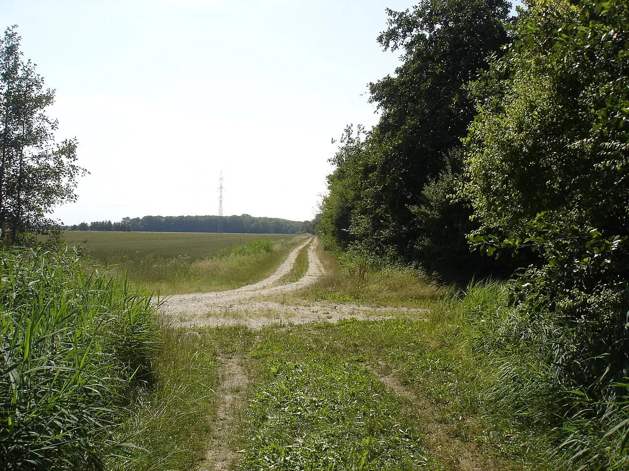 Nørresundby–Fjerritslev-banens tracé passerer en betonfabrik ved Thisted Landevej mellem Birkelse og Ulveskov. Billedet viser industrilandskab og infrastruktur i samme ramme.
