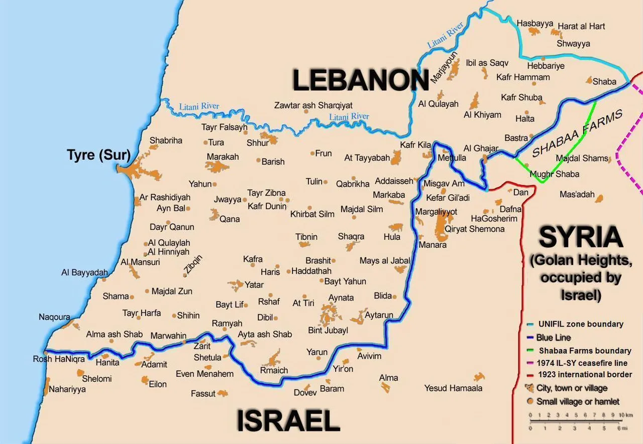 Kortet viser Blue Line-demarkeringslinjen mellem Libanon og Israel, etableret af FN efter Israels tilbagetrækning fra det sydlige Libanon. Linjen følger bl.a. 1949-aftalens våbenhvilelinje (Green Line) og dele af den omstridte libanesisk-syriske grænse.