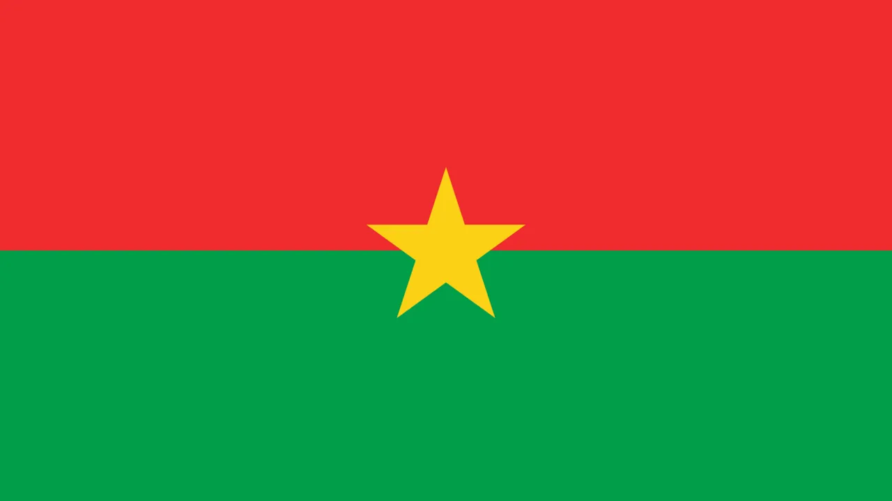 Flaget for Burkina Faso i en 16:9-aspektforhold. Det består af to horisontale bånd i orange og grønt med en gul stjerne i midten.