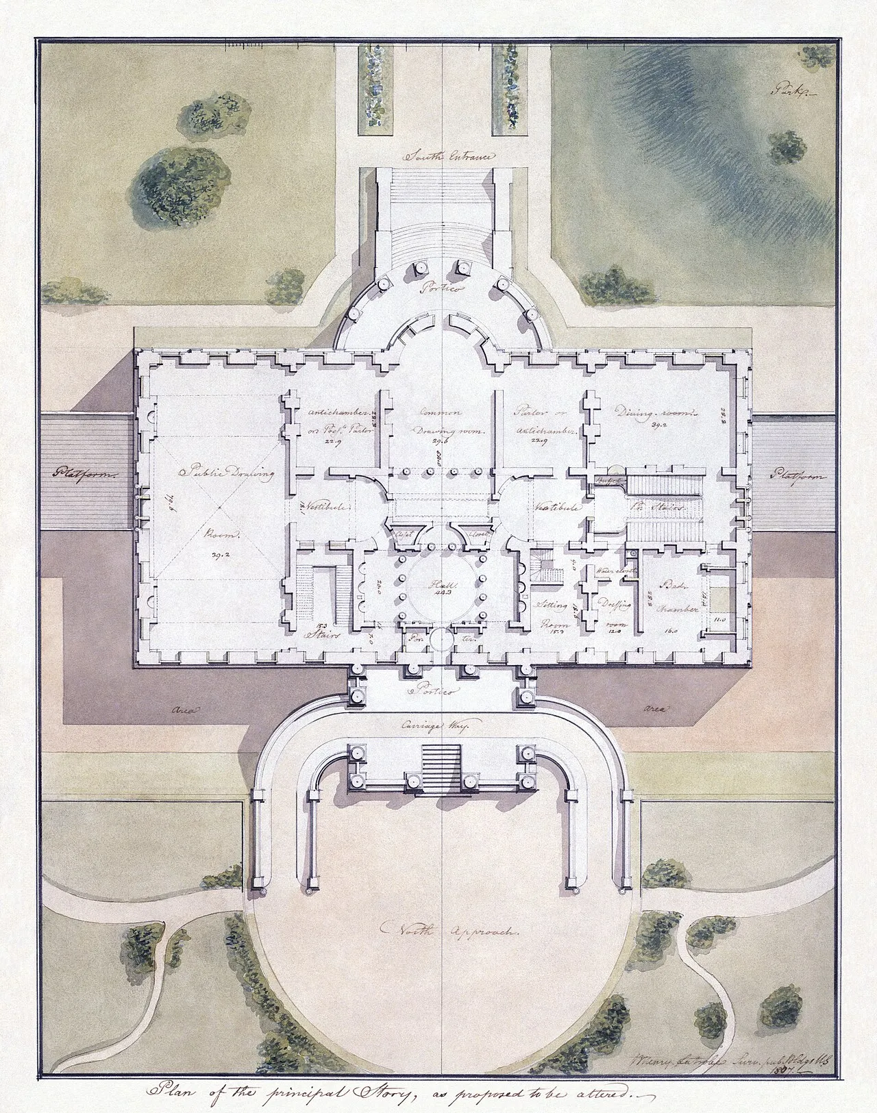 Arkitektonisk tegning af Det Hvide Hus med site plan og principal story plan, udarbejdet af Benjamin Henry Latrobe. Tegningen viser bygningens grundlæggende layout.