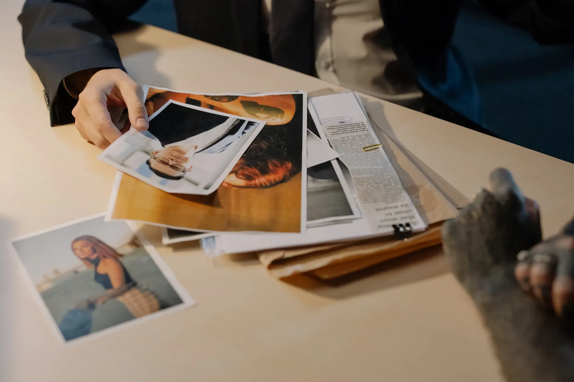 En nærbillede af en detektiv, der undersøger bevisfotos på et bord under en efterforskning. Billedet viser en detaljeret og grundig undersøgelse.