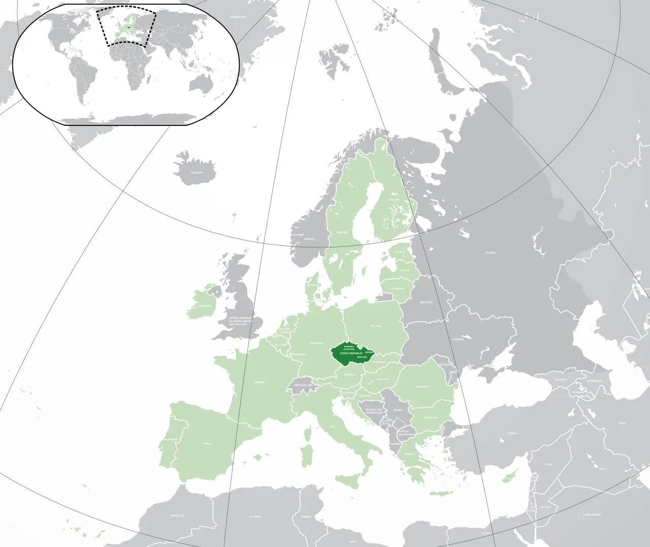Kort over Den Europæiske Union med markering af Tjekkiet (Bøhmen, Mähren og Schlesien). Billedet viser EU-landene og regionerne i Tjekkiet.