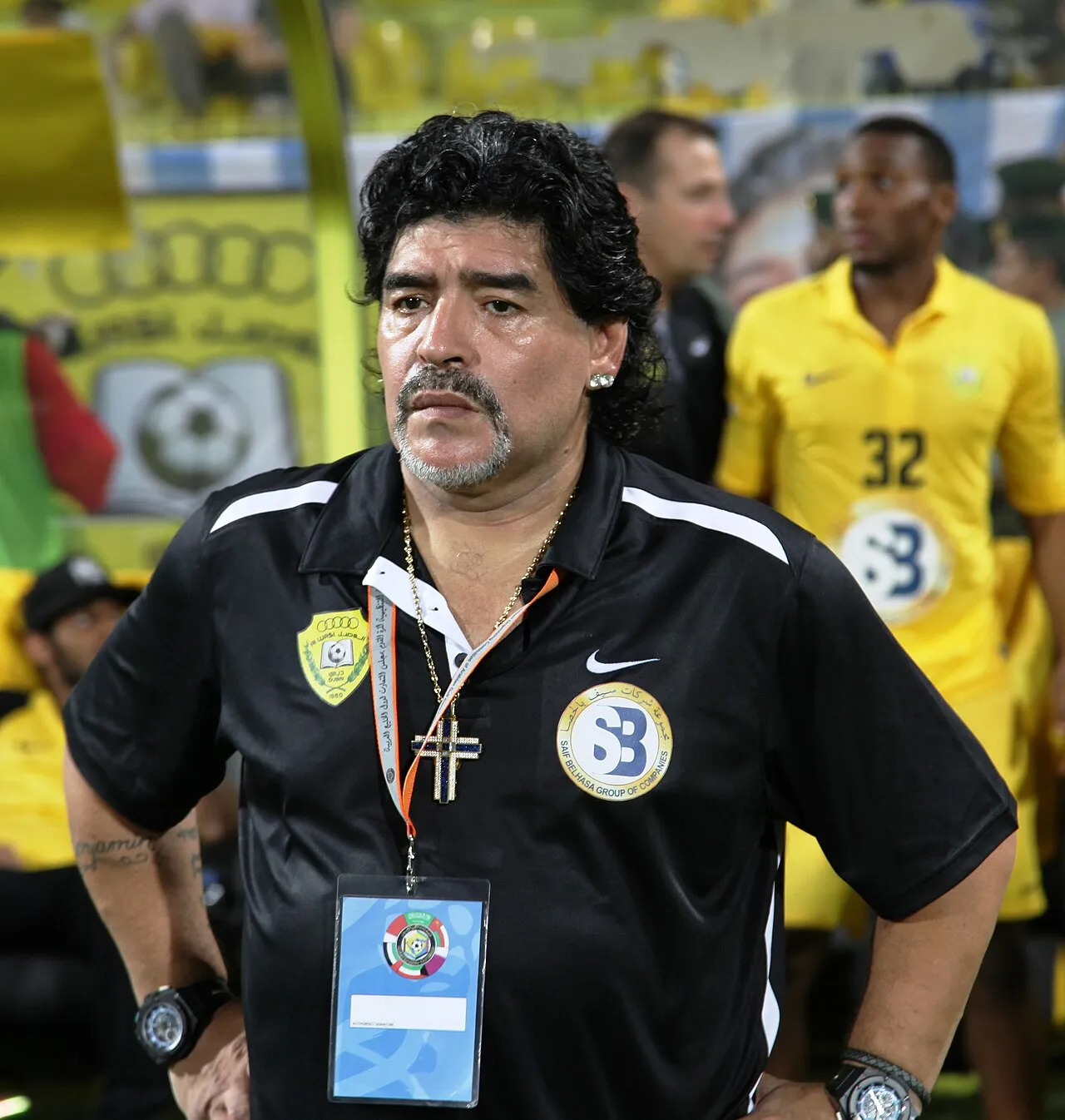 Diego Maradona ses her ved GCC Champions League-finalen i 2012. Billedet fanger den argentinske fodboldlegende i forbindelse med kampen.