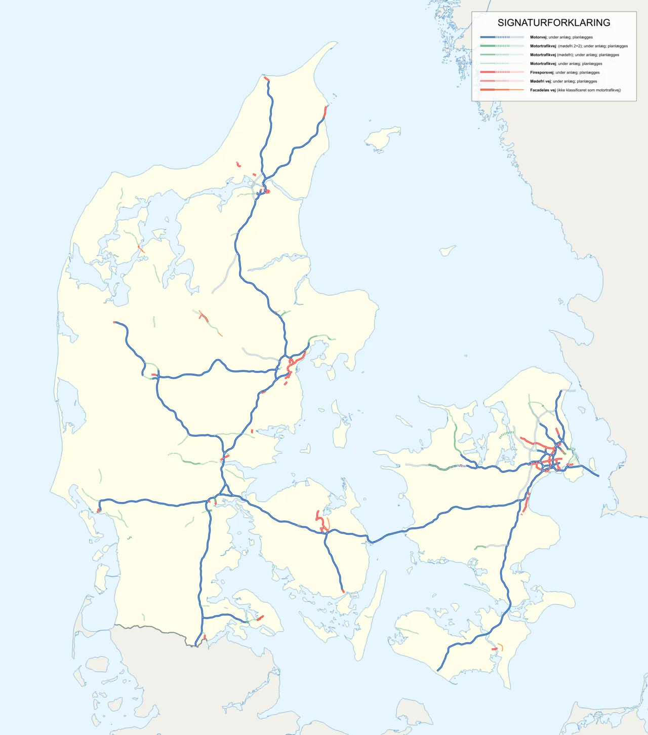 Kort over Danmarks motorveje, ekspresveje og motortrafikveje. Stiplede linjer viser veje under anlæg, og lyse linjer markerer planlagte strækninger.