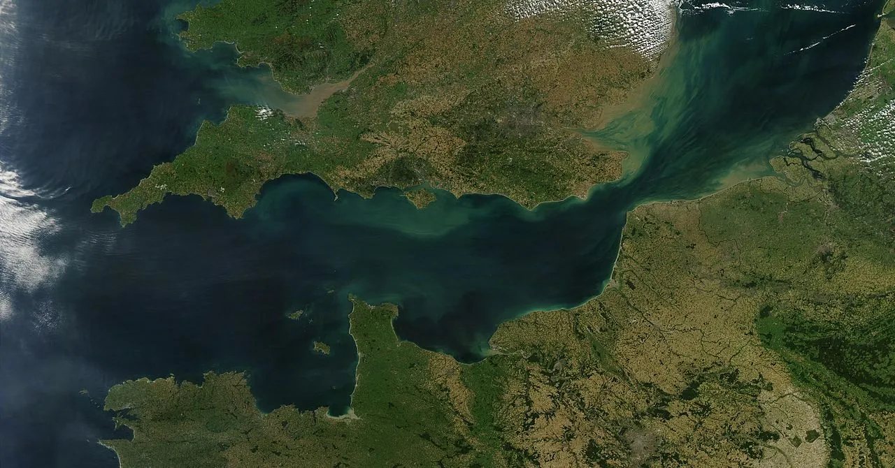 Satellitbillede af Den Engelske Kanal. Det giver et overblik over farvandet mellem Storbritannien og Frankrig.