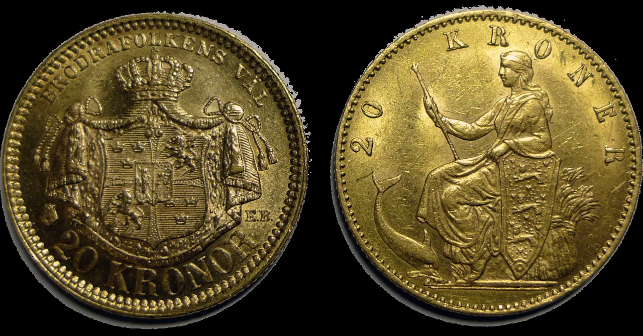 To 20 kr. guldmønter fra den skandinaviske møntunion. Den venstre mønt er svensk, og den højre er dansk.