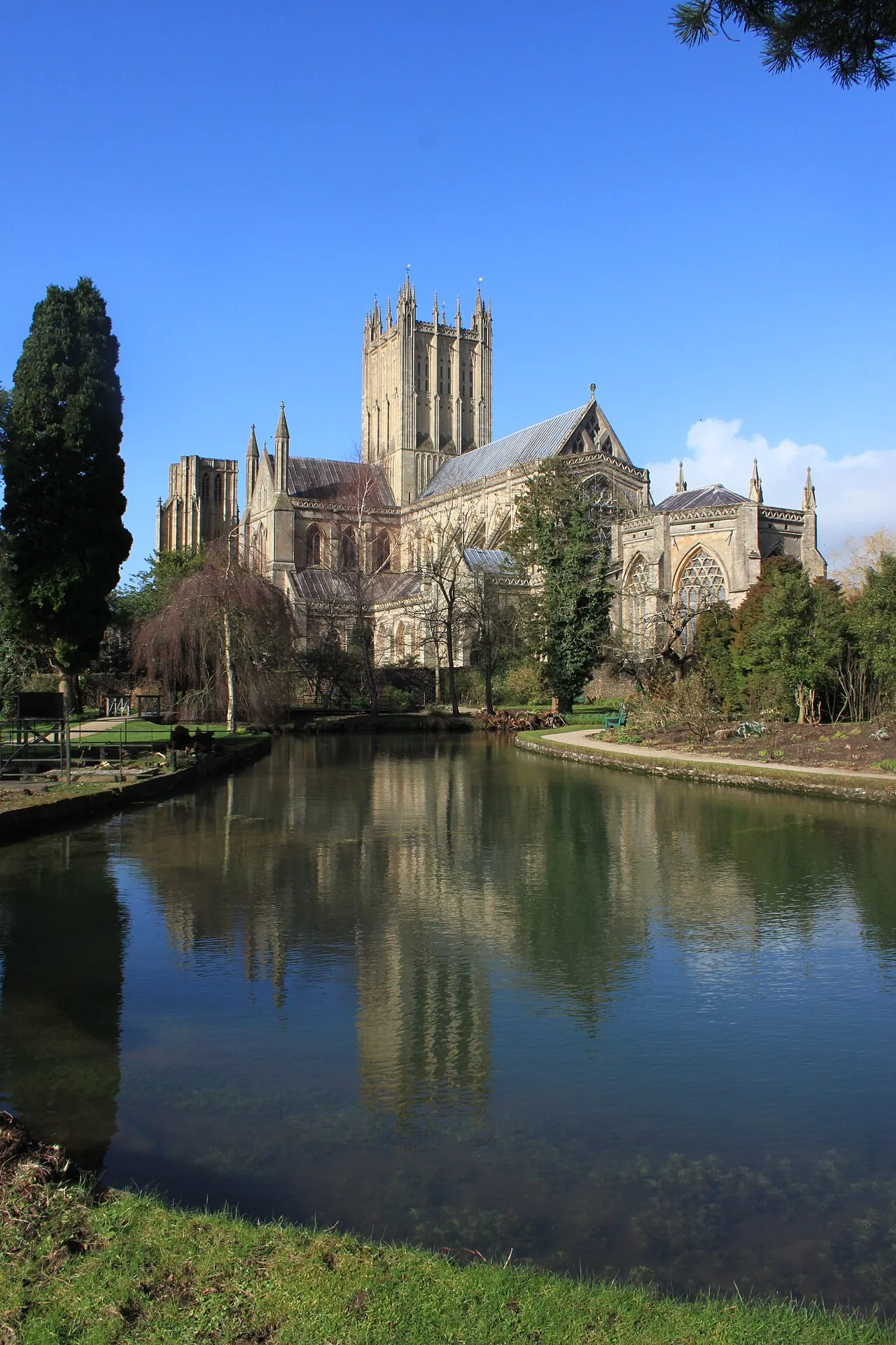 Wells Cathedral ses i refleksionerne i spejlbassinet på området ved Bishops Palace. Billedet fremhæver både bygningen og dens spejlbillede i vandet.