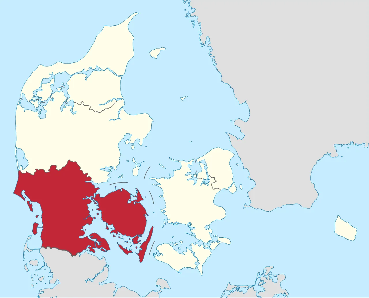 Kort der viser placeringen af regionen Syddanmark i Danmark. Billedet fremhæver regionens geografiske placering.